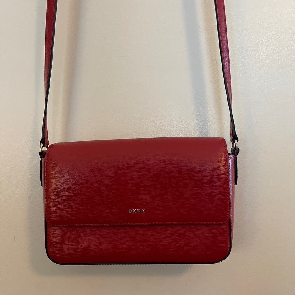 DKNY Red Leather Crossbody Bag with Flap Closure